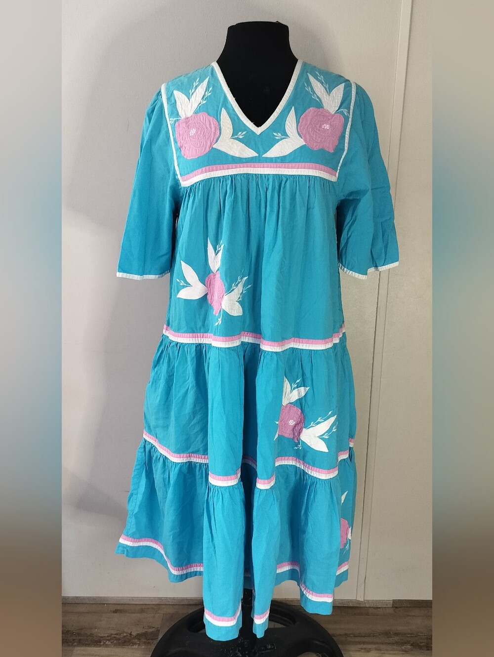 Boho Tiered Embroidered Cotton Dress - Turquoise with Pink Floral